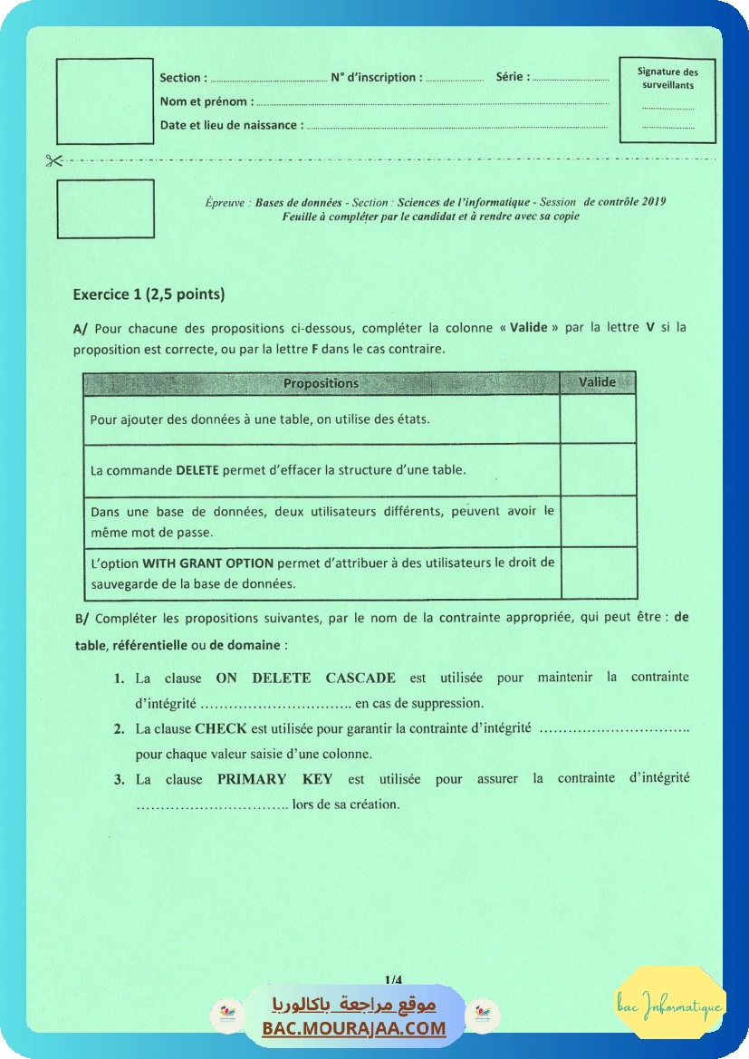 Sujet controle bd Bac 2019 – Section info